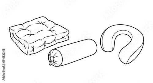 Hand drawn line art illustration of three different types of pillows including a square cushion, a bolster, and a travel neck pillow.