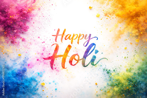 Happy holi colorful typography with vibrant powder splash on white background
