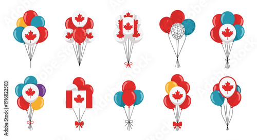 Collection of balloon bunches decorated with the Canadian flag and maple leaf motifs for national holiday or celebration themes.