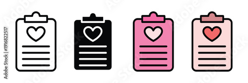 Heart clipboard icon vector set. Medical report or wedding wishlist symbol for healthcare, romance, and note-taking. Vector Illustration.