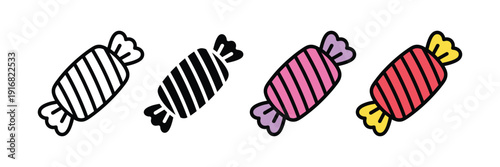 Wrapped candy icon vector set. Sweet bonbon or striped toffee symbol for confectionery, parties, and sugar treats. Vector Illustration.