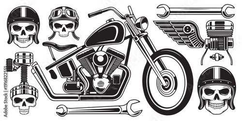 Motorcycle rider skull in helmet set with vintage chopper bike engine parts and wrench for garage design