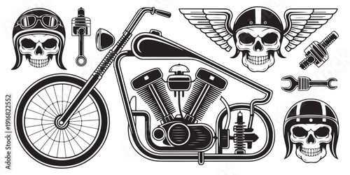 Vintage custom chopper bike vector set with skull in motorcycle helmet and winged engine for biker design