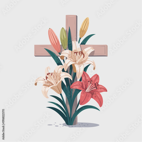 Flowers and cross in floral arrangement with lilies on light background  