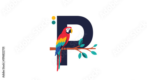 Creative letter p illustration featuring a colorful macaw parrot perched on a branch with blue leaves on a clean white background.