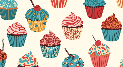 Seamless pattern illustration of various colorful cupcakes with different frosting styles, toppings, and decorative paper cups.