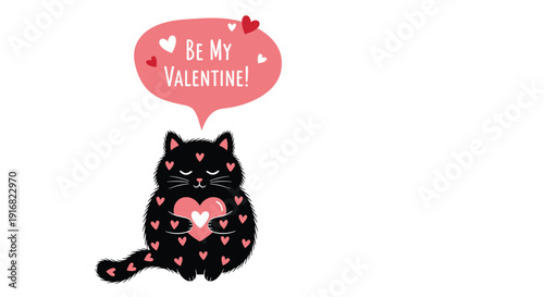 Adorable black cat covered in pink hearts holding a large heart with a be my valentine greeting in a pink speech bubble.