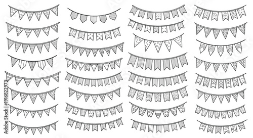 Large collection of hand drawn bunting and pennant flag garlands with various patterns and shapes for festive decoration designs.