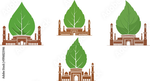 Four vector illustrations of a green leaf emerging from a brown mosque structure, symbolizing nature and architecture integration. Each illustration features a slightly different perspective of