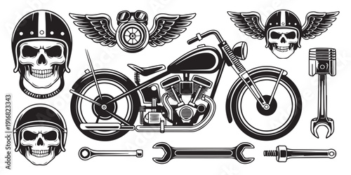 Set of vintage motorcycle elements including bike, rider skulls, mechanic tools, and winged engine emblem