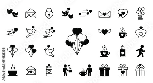 Diverse set of icons related to love, relationships, and daily life featuring hearts, birds, coffee cups, gift boxes, and people.