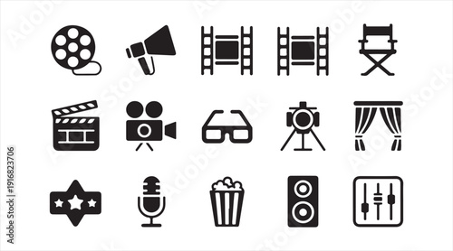 Film production and media tools monochrome symbol set