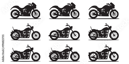Compilation of various motorcycle silhouettes in black, depicting a range of classic and modern designs
