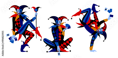 A dancing, sitting and tumbling Joker in a brightly colored suit with playing cards isolated on white. Vector illustration in contrast flat style