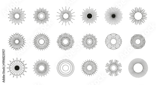 Extensive collection of eighteen unique black sunburst and celestial mandala designs for boho style graphics and mystical branding projects.