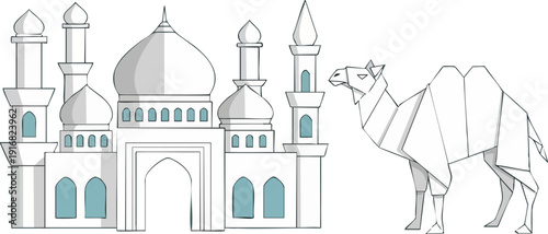 Geometric white mosque and origami camel illustration representing desert travel