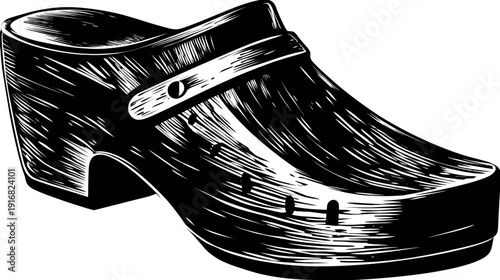 A black and white woodcut style illustration of a high-heeled clog shoe