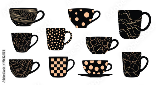 Set of ten ceramic coffee mugs with various hand drawn patterns such as dots, waves, and geometric shapes on a white background.