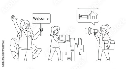 Volunteers working together to help refugees or displaced people by providing housing information, welcoming them, and moving supply boxes.