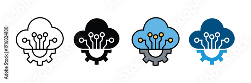 Cloud computing icon vector set. Digital network technology symbol with gear and circuit board for data management and cloud services. Vector Illustration.