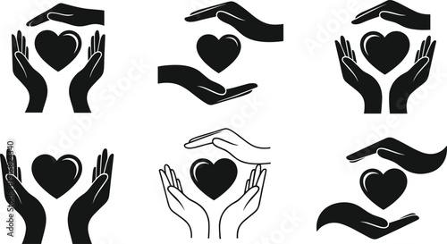 Black heart in hands silhouettes vector set, charity care and love symbols illustration, isolated medical protection icons on white background,