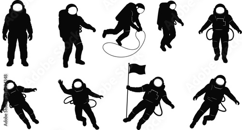 Astronaut silhouettes collection, space exploration and floating spaceman vector set, science technology illustration for cosmic mission, universe research, and futuristic design