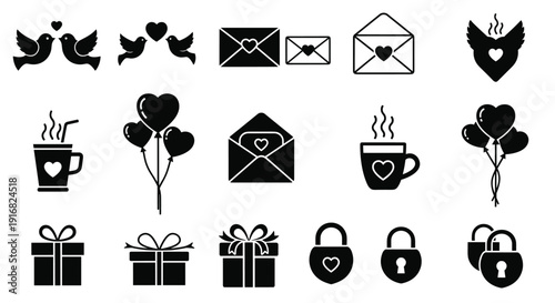 Comprehensive set of black and white icons for Valentines Day featuring hearts, love birds, gifts, and romantic elements for web design.