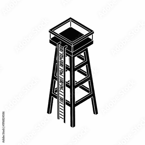 Black and white illustration of a tall watchtower with a ladder.