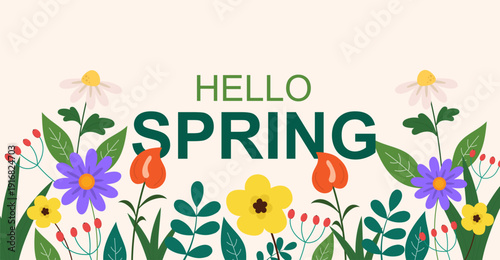 Hello Spring flower background banner or poster template. Flat vector design with blossoms for March holiday, cards, and posters