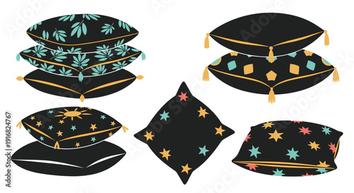 Collection of decorative interior pillows with various bohemian patterns, tassels, and celestial designs for home decor illustrations.