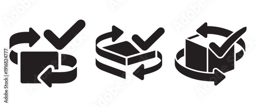 Recycling arrows around boxes with check marks, signifying delivery, quality, and process.