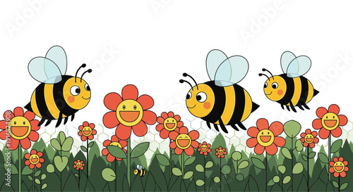Cheerful illustration of honey bees flying over a field of smiling flowers with a honeycomb pattern background for nature themes.