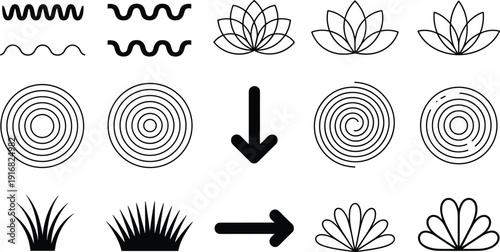 Black abstract decorative icons, wave patterns, lotus flowers, spiral circles, arrows, grass shapes, fan motifs, symbolic design, vector art