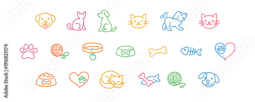 Collection of colorful line art icons representing pets and pet care items vector