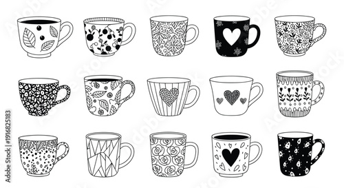 Diverse set of fifteen decorative coffee mugs and tea cups with various black and white patterns, floral designs, and geometric shapes.