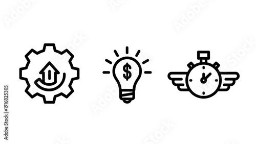 Icons for business growth, financial ideas, and fast-paced progress: a gear with an upward arrow, a lightbulb with a dollar sign, and a winged stopwatch.