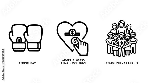 Icons for charity, boxing, and community: boxing gloves, a heart with a donation coin, and a diverse group of people supporting each other, symbolizing giving and togetherness.