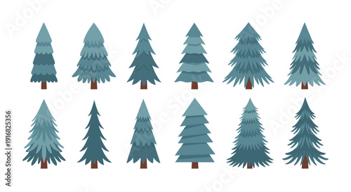 Grid of twelve stylized evergreen pine and fir trees in various shades of blue and green isolated on a clean white background for design.