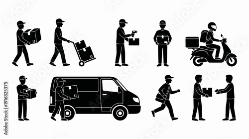 Delivery and Logistics Silhouettes, Courier, Shipping, Parcel, Scooter Delivery, Warehouse Black Vector Illustration
