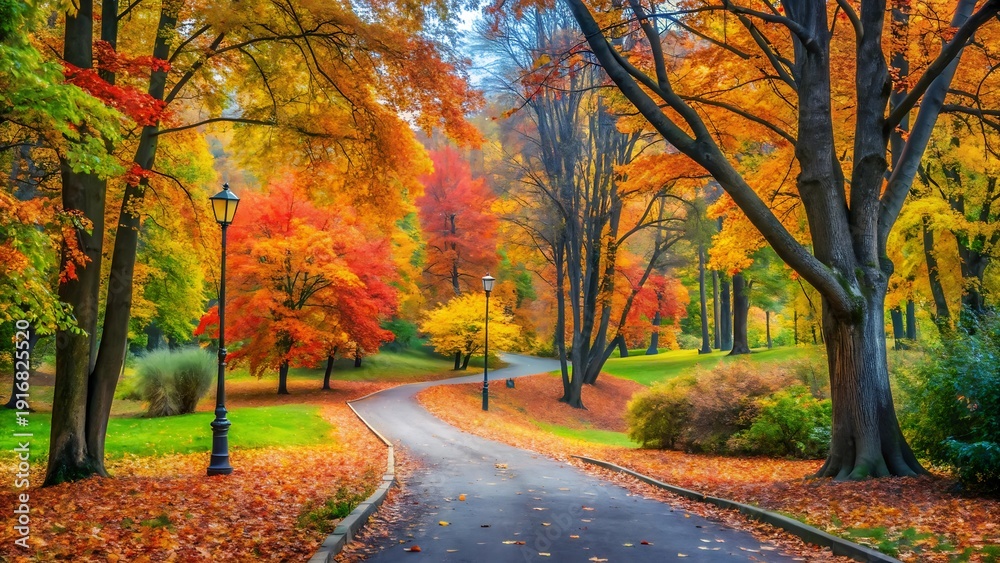 Naklejka premium Autumn Park Winding Path Colorful Foliage Background