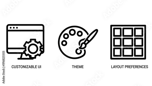 Web design icons: customizable UI, color palette theme, and layout preferences for interface creation