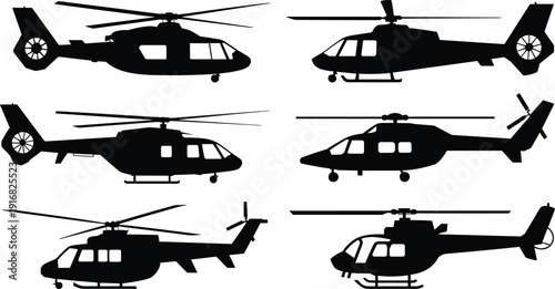 Black silhouette illustrations of helicopters, aviation design, rotorcraft, aircraft models, military helicopter, transport helicopter, aviation art, flight icon, aviation concept