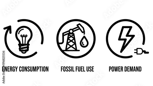 Set of three simple outline icons symbolizing energy concepts: energy consumption with a lightbulb, fossil fuel use with an oil pump, and power demand with a lightning bolt.