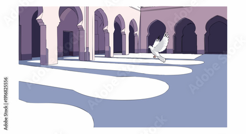 White dove flying across sunlit courtyard with distinctive architectural arches