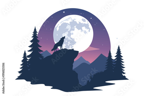 Winter night landscape with moon and snowy forest silhouette Christmas theme