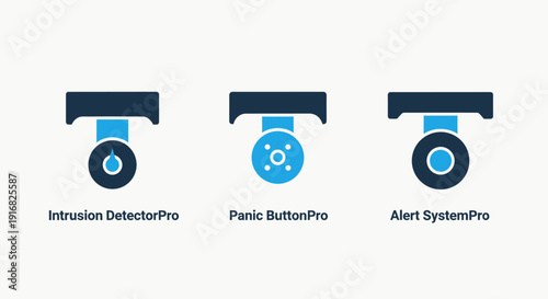 Set of security icons: Intrusion Detector, Panic Button, Alert System. Flat design with blue and dark blue colors. Perfect for tech and safety concepts.