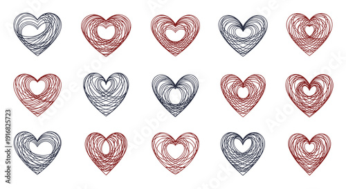Pattern of fifteen heart shapes created with scribbled lines in red and dark blue colors on a plain white background for creative design.