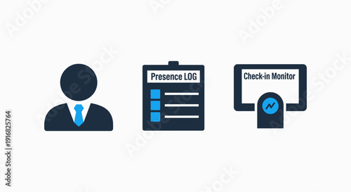 Icons for attendance tracking and monitoring: user profile, presence log checklist, and check-in monitor screen.