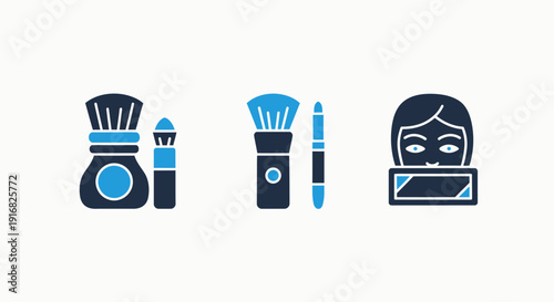 Set of cosmetic icons including makeup brushes, lipstick, and a stylized face with makeup, in modern blue and dark blue colors, perfect for beauty blogs or makeup tutorials.
