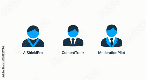 Modern icons representing security and content management software, featuring stylized human figures with labels like AIShieldPro, ContentTrack, and ModerationPilot.